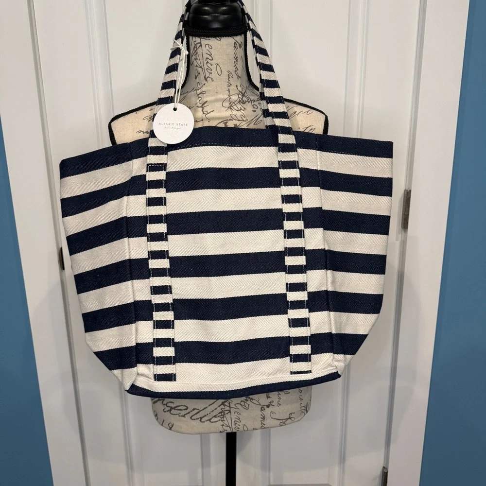 Altar’d State Striped Navy and White Canvas Tote Bag‎